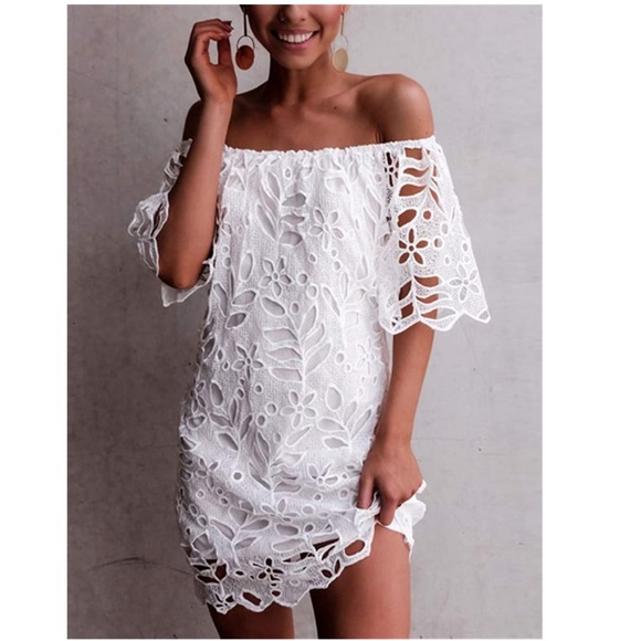 Off Shoulder Floral Lace Flare Sleeve Mini Dress - Picture 3 of 8